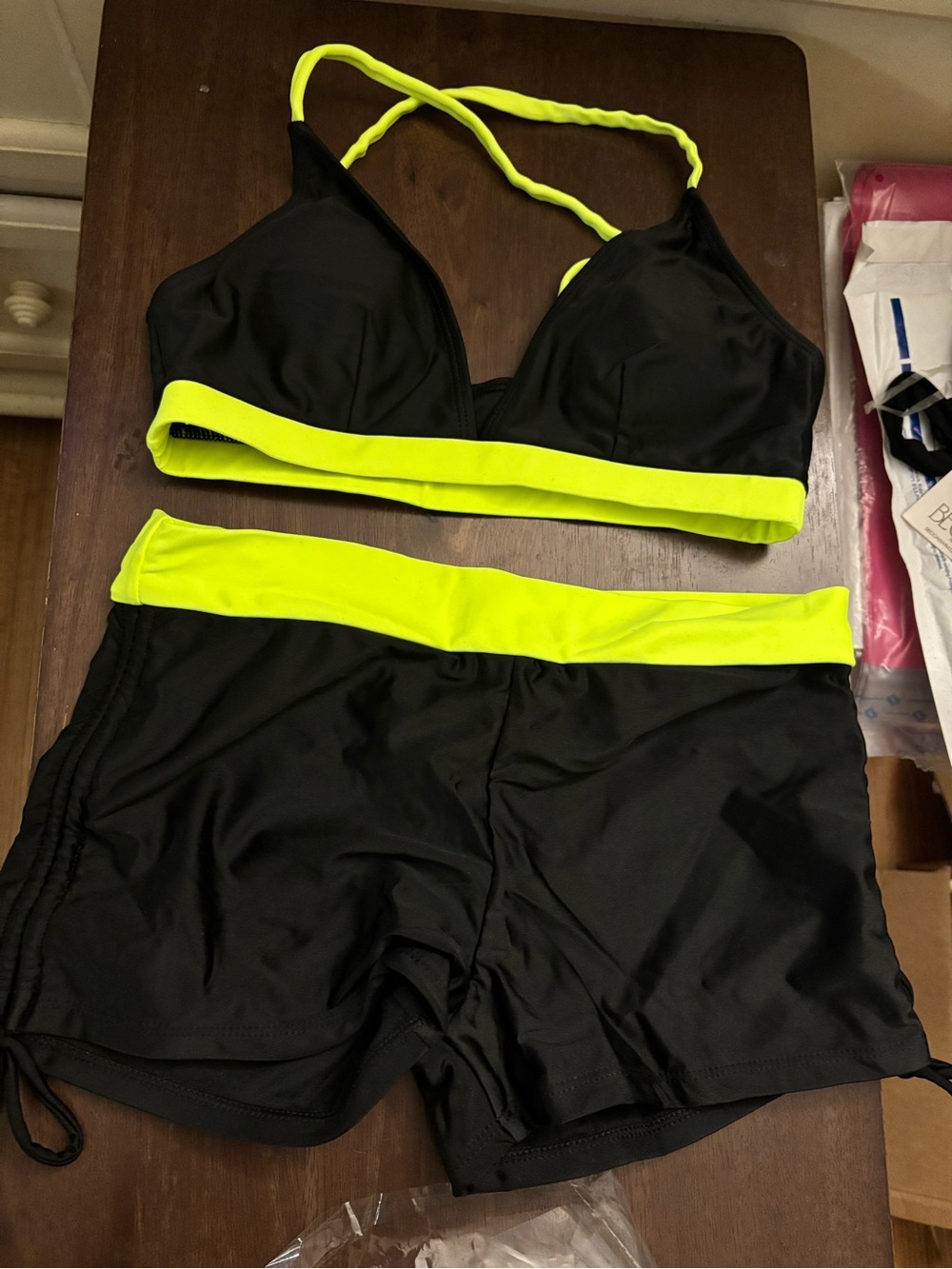 Black & Neon Yellow Two-Piece Swim Set, BNWOT, size small